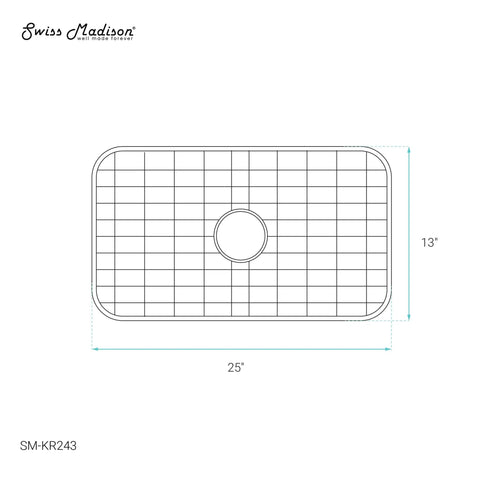 Line drawing of Stainless Steel Kitchen Sink Grid 25 x 13 with center drain, showing grid dimensions and design layout.