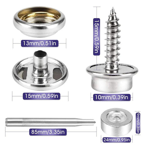 Marine Grade Stainless Steel Canvas Snap Kit With 150 Pc Heavy Duty Fasteners And 2 Pc Setting Tools for upholstery, featuring various snap sizes.
