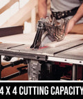 Solid 15 Amp 10 Inch Table Saw Featuring Kickass Precision Cuts And Rack And Pinion Fence Rails For Dead On Accuracy Plus Foldaway Legs For Total Ease And No Sweat Storage On Any Job Site with 4x4 cutting capacity