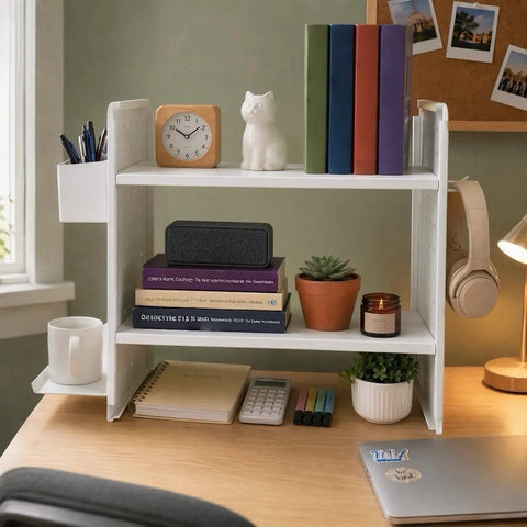 White Desktop Shelf Organizer With Adjustable Two Tier Design Space Saving For Dorm Room And Office holding books and decor.