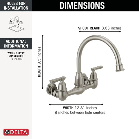 Corin Wall Mount Kitchen Faucet With Brushed Nickel Finish High Arc Gooseneck 360 Degree Swivel Single Handle dimensions