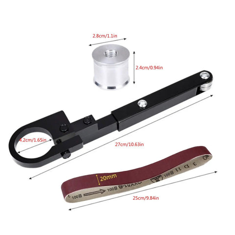 Heavy Duty Grinder To Belt Sander Converter For Fine Sanding And Trimming Metal Wood Deburr Tool Compatible With 100 Angle Grinder precise attachment with dimensions.