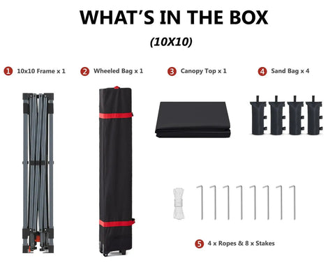 Contents of Pop Up Canopy Shelter For Outdoor Patio, Easy One Person Setup In Minutes, Heavy Duty Frame, Portable 10x10 Ft Tent