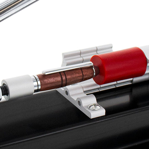 Close-up of Pen Press For Turned Pens And Projects With Spring Loaded Design And Six Quick Flip Stops For Easy Size Adjustments in use