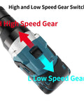 21V Cordless Electric Rivet Nut Gun Kit With Automatic Precision Fastening For M3 To M12 Sizes showing high and low speed gear switch details.