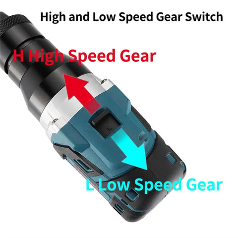 21V Cordless Electric Rivet Nut Gun Kit With Automatic Precision Fastening For M3 To M12 Sizes showing high and low speed gear switch details.