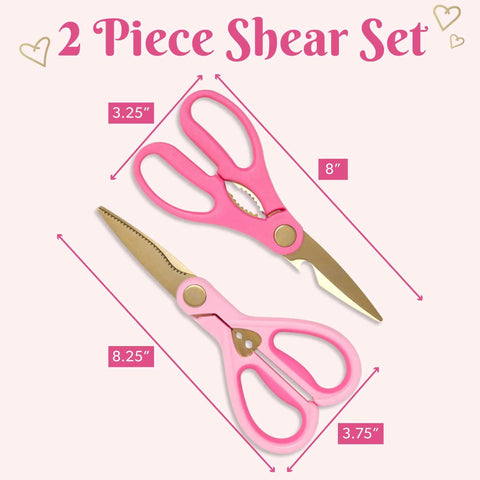 All Purpose Kitchen Shears 2 Piece Set With Premium Stainless Steel Blades And Soft Grip Handles In Pink For Cutting Meat Poultry Fish Pizza Cardboard String And Kitchen Packaging, 8"