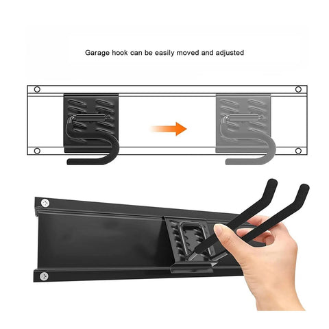 Adjustable hooks on 48 Inch Wall Mount Garage Tool Organizer Heavy Duty With 440 Pound Load Capacity Six Adjustable Hooks And Three Rails
