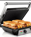 Heavy Duty 1000W Electric Panini Press Grill With Non Stick Plates Opens 180 Degrees For Any Size Food 3 in 1 Sandwich Maker with melted cheese sandwiches.