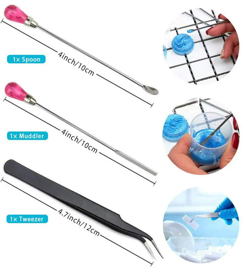 Dope Silicone Stir Sticks Kit 16Pcs For Resin Epoxy Crafting Includes spoon, muddler, tweezers, tool details for crafting projects