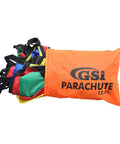 Rainbow Parachute Play For Kids 12 Foot Playground Parachute with colorful fabric peeking from orange bag