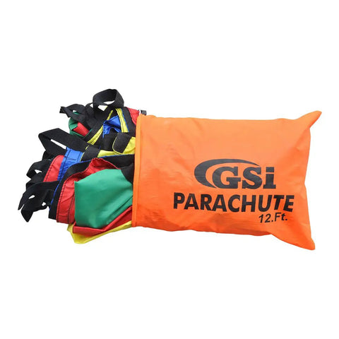 Rainbow Parachute Play For Kids 12 Foot Playground Parachute with colorful fabric peeking from orange bag