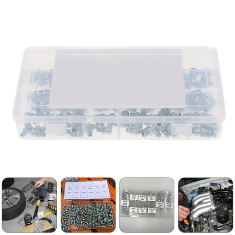 Top Tier 260 Piece Galvanized Iron Zerk Grease Fitting Kit For Auto Repair And Bearing Fixes With Storage Case And Size Chart, case