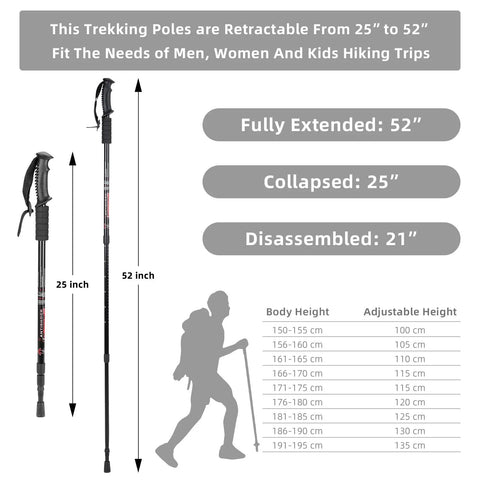 Ultra Lightweight Collapsible Trekking Poles for Hiking showing size adjustable from 25 to 52 inches, black aluminum, 2 pack