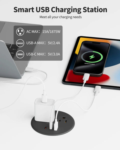 Dual Sided Desk Grommet Power Strip With Four AC Outlets And Three USB Ports Including Two Type C Connectors Creating A Clean Workspace Upgrade That Keeps Your Desks Looking Legit Fresh And Hella Organized, showing charging cables connected to devices.