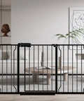 Black extra wide baby gate for doorways 53 to 57.5 inches with easy swing door, pressure mounted, for kids and pets.