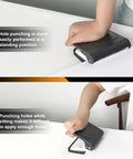 Using the 10 Hole Punch Binding Machine for planners, showing hand pressing on black punch in standing and sitting positions.