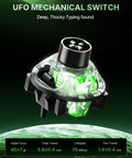 UFO mechanical switch showcasing deep thocky typing sound, highlighted in green, featuring specs for durability and performance.