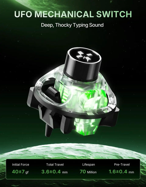 UFO mechanical switch showcasing deep thocky typing sound, highlighted in green, featuring specs for durability and performance.