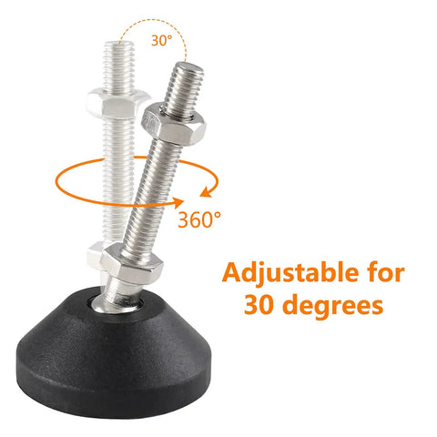 Adjustable Leveling Feet With Swivel Furniture Levelers And Table Leg Glides showing 30-degree and 360-degree adjustability.