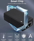 Power Over Ethernet Injector 48V 24W Supply for Cameras, IP Phones, Switches - Gigabit Ethernet, IEEE 802.3at/af, RJ45 Compliant, 10/100/1000 Mbps, Overload Protected, Plug N Play, Includes 3ft Cat6 Cable, black case with protection icon
