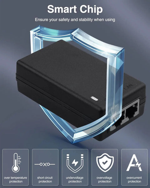 Power Over Ethernet Injector 48V 24W Supply for Cameras, IP Phones, Switches - Gigabit Ethernet, IEEE 802.3at/af, RJ45 Compliant, 10/100/1000 Mbps, Overload Protected, Plug N Play, Includes 3ft Cat6 Cable, black case with protection icon