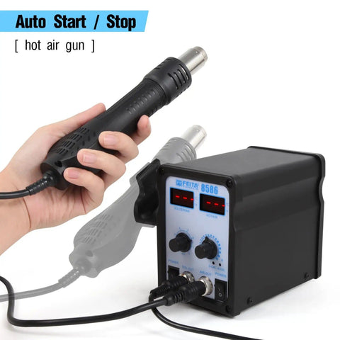 Person holding 2 In 1 SMD Hot Air Rework Station With Digital Soldering Iron And Heat Gun Includes 5 Solder Tips Kit