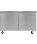 Top Shelf Commercial Under Counter Refrigerator 60 Inch Stainless Steel 15 Cubic Foot Frost Free Cooling With Zero Fuss Digital Temp Controls And Smart Wire Racks For Pro Kitchen Or Game Day Bar Prep, front view with wheels.