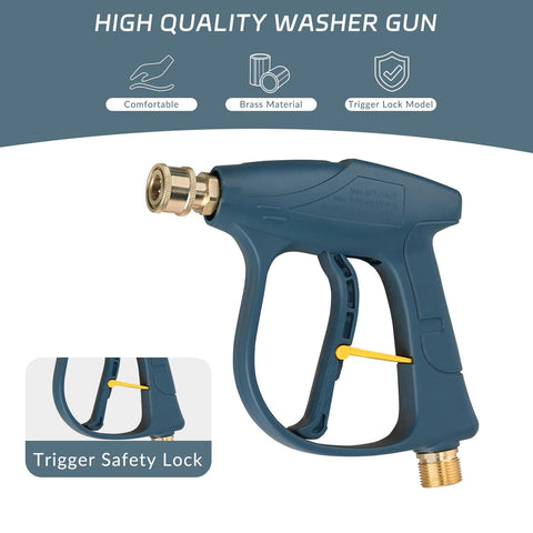 High Pressure Washer Gun 3000 PSI Max Short Spray Wand with brass and stainless steel inner body, trigger safety lock visible