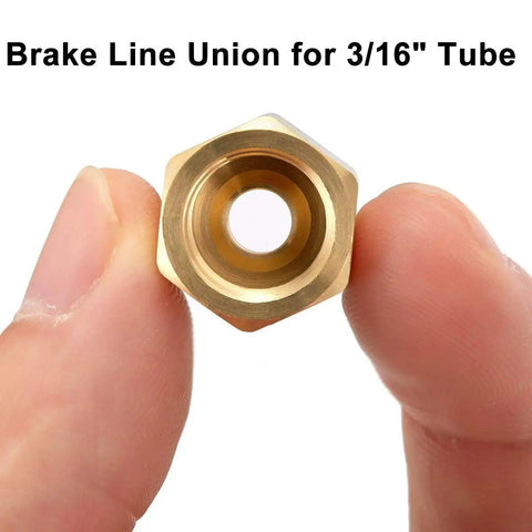 Close-up of Brake Line Fitting Kit For 3/16 Inch Tube Inverted Flare Unions, 10 Brass Fittings, 3/8-24 UNF Threads, SAE Automotive Unions