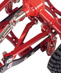 Close-up of suspension with Heavy Duty Metal Chassis Pull Rods Suspension Link Mount Upgrade Kit in red color for RC cars.