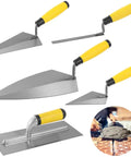 Masonry Hand Tool Set With Concrete Trowel Kit Including Brick Trowel Pointing Trowel And Edging Trowel Soft Grip Handle Tools For DIY And Pros Pro Grade Lightweight Iron Construction For Durable Masonry Finishing. Image of five trowels with yellow handles and a small circular inset showing brickwork.