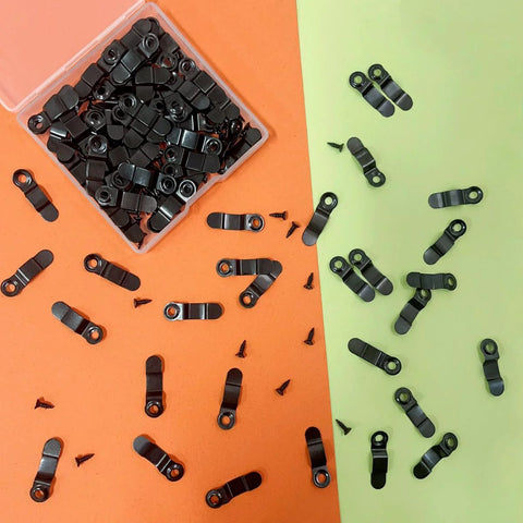 Picture frame turn button fasteners, 100 black metal pieces with screws, top view