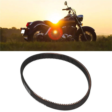 Beefed-Up CVT Motorcycle Drive Belt 3M38412 For 128T, 384mm Length, 12mm Width, Power Transmission Replacement Belt For Bikes, Durable Timing Belt For Smooth, Reliable Daily Rides on a motorcycle and belt close-up