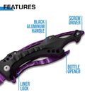 Folding Knife With Three Point Seven Five Inch Half Serrated Blade Titanium Coating Glass Breaker And Pocket Clip Purple Handle features