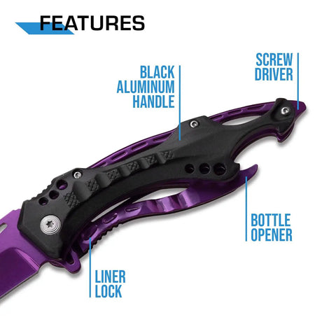 Folding Knife With Three Point Seven Five Inch Half Serrated Blade Titanium Coating Glass Breaker And Pocket Clip Purple Handle features