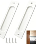 Heavy Duty Aluminum Flush Pulls 2 Pack Recessed Sliding Door Handles With Mounting Screws Barn Closet And Cabinet Drawer Knobs Super Quick Install Pocket Door Hardware Fresh White Finish 5.9 Inch, showing white aluminum flush pulls with screws.