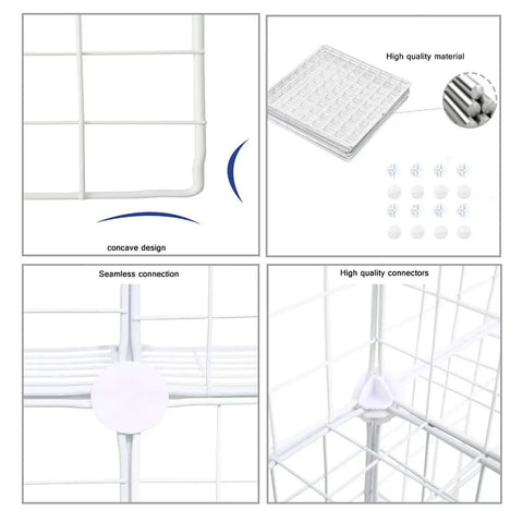 Concave design and connectors of Six Cube Wire Storage Organizer With Metal Grid Shelves, Modular Cube Units for Home and Office.