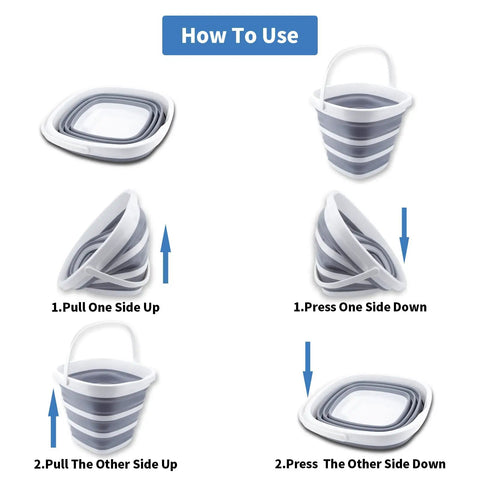 Instruction steps for Collapsible 10L Water Bucket for Outdoor Cleaning and Camping Foldable 2.6 Gallon Plastic Mop Bucket.