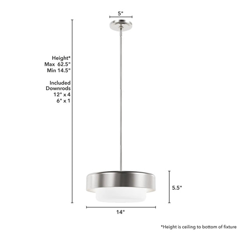 Front view of Station 2-Light Brushed Nickel Drum Pendant Light with dimmable feature, 14x14x5.5 inches, frosted glass shade.