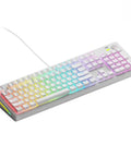 Badass Full Size Mechanical Gaming Keyboard With Volume Knob And Modular Gasket Mount Featuring Hot Swappable Switches Plus Doubleshot Pbt Keycaps For A Snappy And Fire Typing Setup In White with rainbow backlighting.