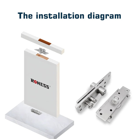 Heavy Duty Pivot Door Hinge System With 360 Degree Rotation For Bookcases And Hidden Doors Stainless Steel 150kg Capacity Invisible Murphy Hinge Low Profile Mount Smooth Quiet Operation By Roness installation diagram showing components and door setup.