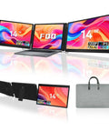 14 Inch Portable Laptop Monitor Extender With FHD 1200P IPS Dual Or Triple Screen and 360 Degree Flip shown in use and packaging