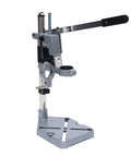 Rugged Workhorse Double Hole Drill Press Stand With No Sweat Depth Adjustment Universal Heavy Duty Aluminum Bench Clamp standing on flat surface.