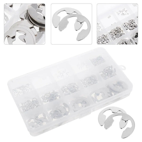E Shaped Retaining Ring Kit 1.5 To 15mm In Box Stainless Steel Assortment For Shafts Machinery And DIY Projects A Handy Metal Clip Ring Set For Quick Secure Fits, box of stainless E-clips