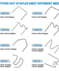 Hot Staples Plastic Welder Repair Kit With 1300 Pcs, image showing 8 types of staples including flat, wave, corner, 0.6mm to 0.8mm.