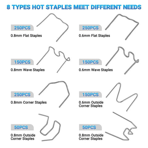 Hot Staples Plastic Welder Repair Kit With 1300 Pcs, image showing 8 types of staples including flat, wave, corner, 0.6mm to 0.8mm.