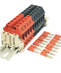 Beefy 10 Gang DIN Rail Terminal Block Assembly Kit With Jumpers Red Black Color Coded Blocks For 8 To 20 AWG Wiring 50 Amp 600 Volt UL Recognized Includes End Brackets Ideal For Solar Combiner And Power Distribution Panels, DIN rail blocks with jumpers and end brackets