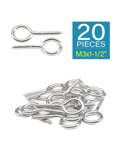 Hardcore M3 X 1-1/2 Inch Screw Eyes Pack Of Twenty Rock Solid Heavy Duty Lag Eye Bolts, stainless steel eye hooks.