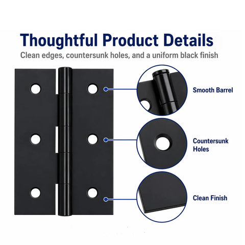 2.5 Inch Matte Black Door Hinges 6 Pack With Solid Steel Build, Square Corner, Built To Last Butt Hinge Hardware And Matching Screws